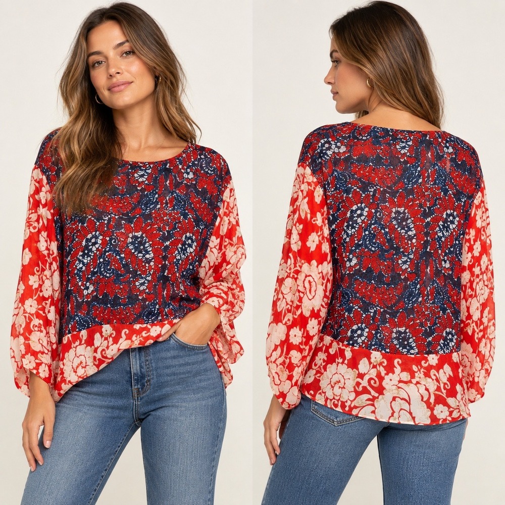 MICHAEL Michael Kors Sheer Batwing Sleeve Poncho Boho Red Floral Paisley S/M